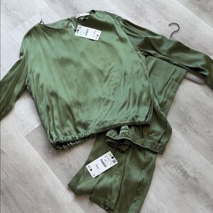 Zara Olive Green Satin Two-Piece Set